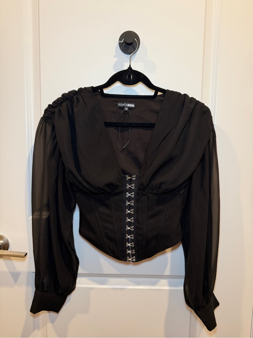 Fashion Nova Black Sheer-Sleeve Corset Top